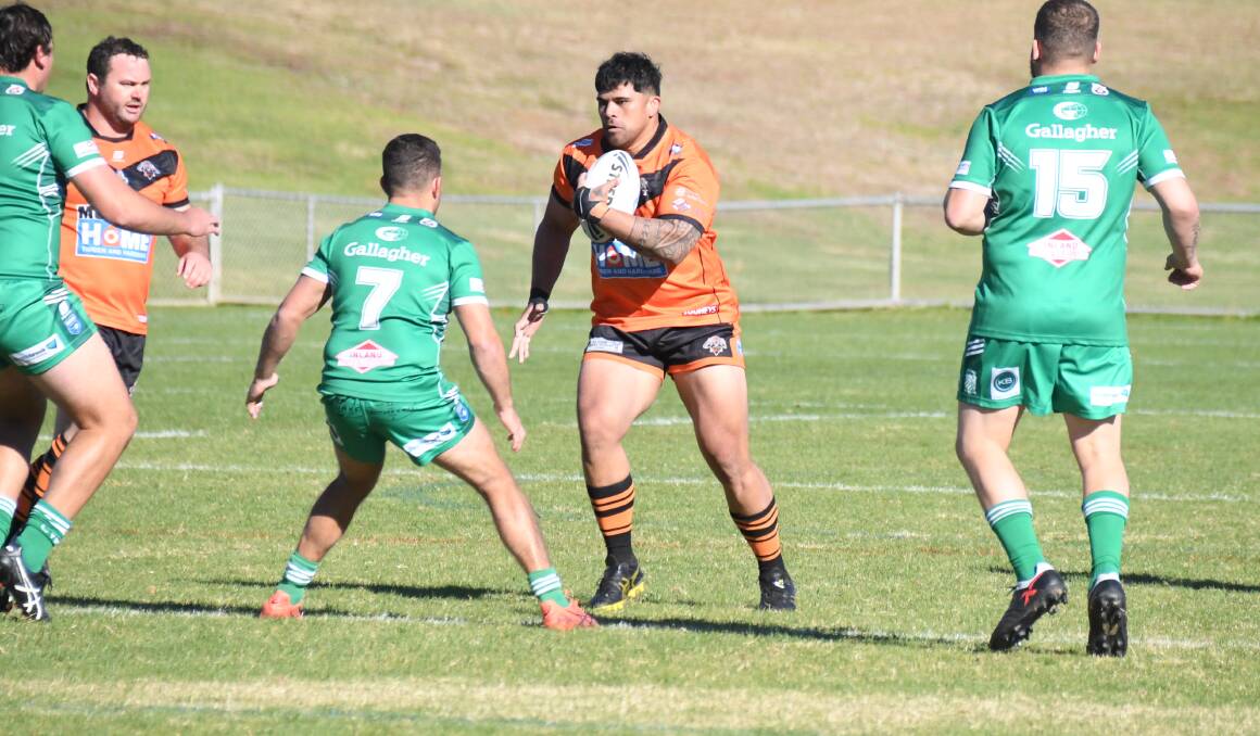 Vincent Leuluai charges forward for Nyngan during the round four clash with Dubbo CYMS. Picture by Tom Barber