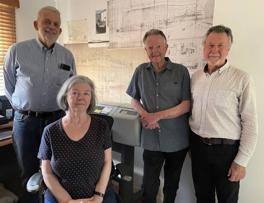 Ross McMurray, Denise Holden, Phill Paull and Ron Powell in front of Mr McMurray's drawing of some of the Opera House's internal infrastructure. Picture by Jennie Curtin 