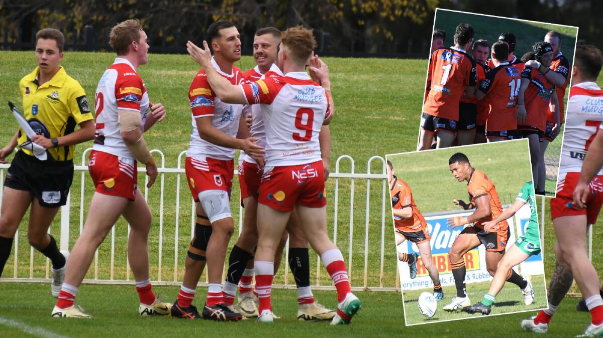 Mudgee players celebrate a try against Dubbo CYMS and (inset, from top) Lithgow players celebrate and Nyngan's James Tuitahi.