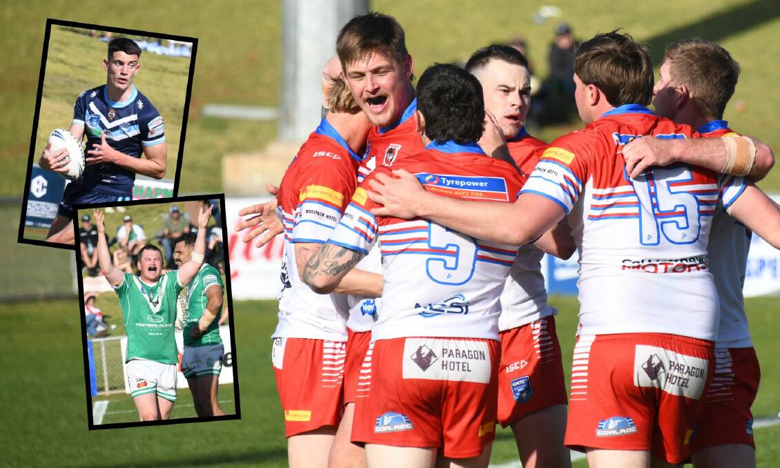The Mudgee Dragons celebrate a try and (inset, from top) Harry Wald of Orange Hawks and Dubbo CYMS' Ben Marlin.