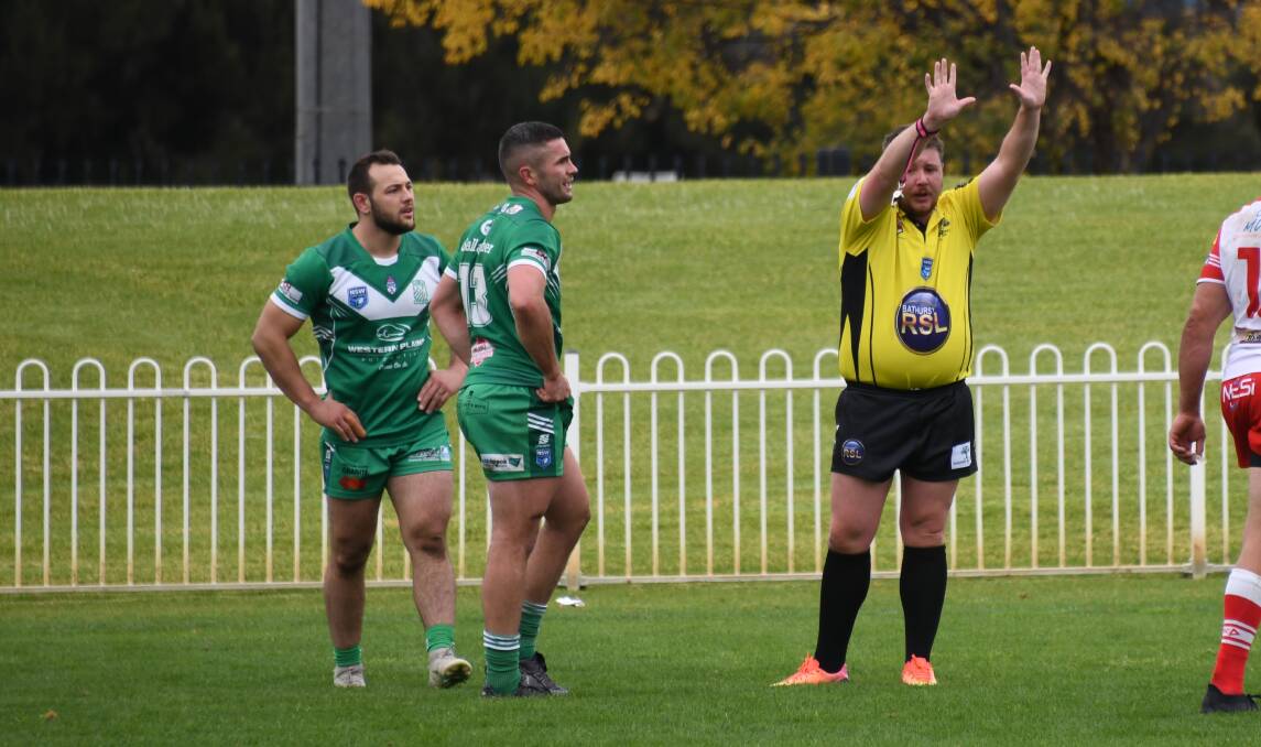 Group 10 referees association president Bryce Hotham sends Dubbo CYMS winger Corey Drew (far left) to the sin-bin on Sunday, June 2. Picture by Nick Guthrie