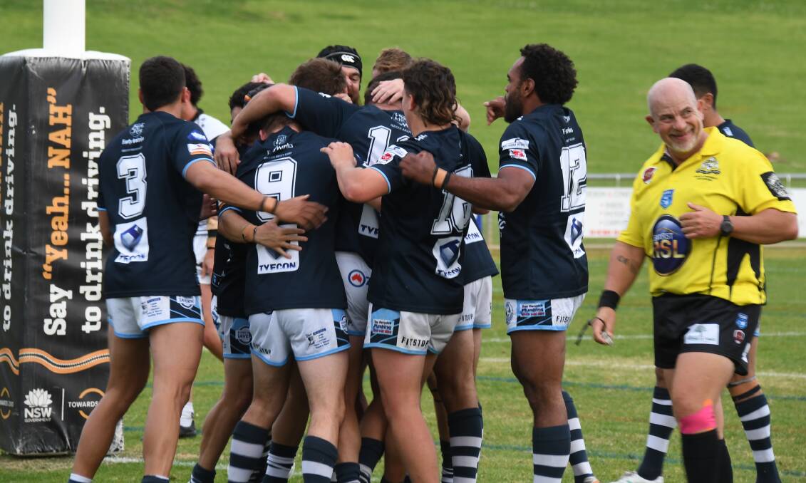 The Macquarie Raiders celebrate during the round six win over Bathurst Panthers. Picture by Tom Barber