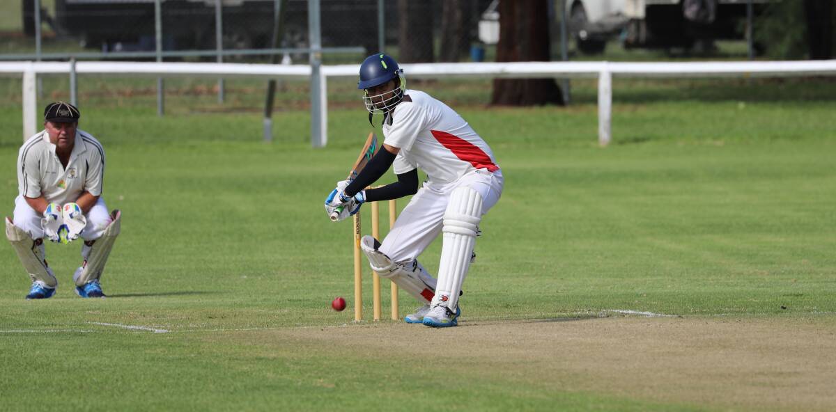 OPENING SHOT: Amit Sutaria opens the batting for 2016/17 Gulgong Cricket champs Bowlers in the grand final on Sunday. Photo: Simone Kurtz.