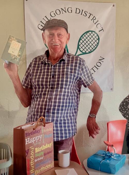 Bill Newton celebrating his 90th birthday in March 2024 at Gulgong Tennis Club. Supplied