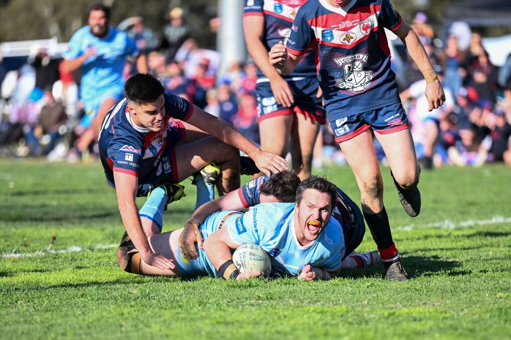 Blake Gorrie scoring the match-winning try in his 100th first grade game for the Gulgong Bull Terriers. Photo: Col Boyd/Supplied