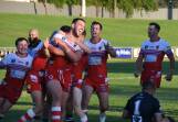 Mudgee celebrate Zac Saddler's second try of the afternoon. Picture by Tom Barber